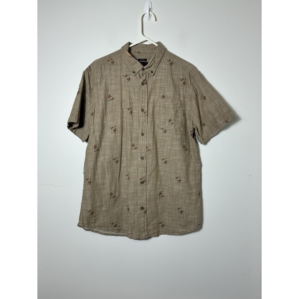 Prana Button Up Short Sleeve Camp Shirt 100% Cotton Sz M Light Brown Outdoor